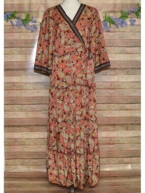 Me 2 Magic Anthropologie Bohemian Maxi Wrap Dress Size 2X Tiered Brown Paisley